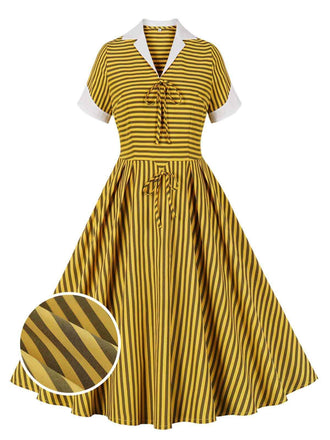 Yellow 1950s Bow Striped Swing Dress