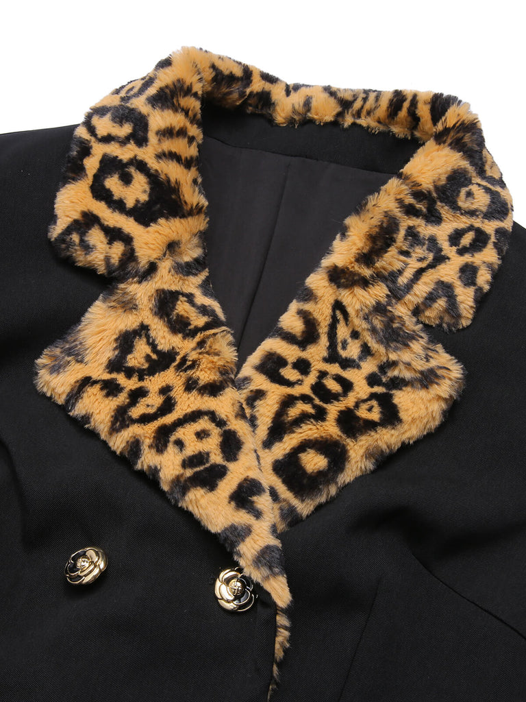 Black 1950s Leopard Lapel Pocket Coat