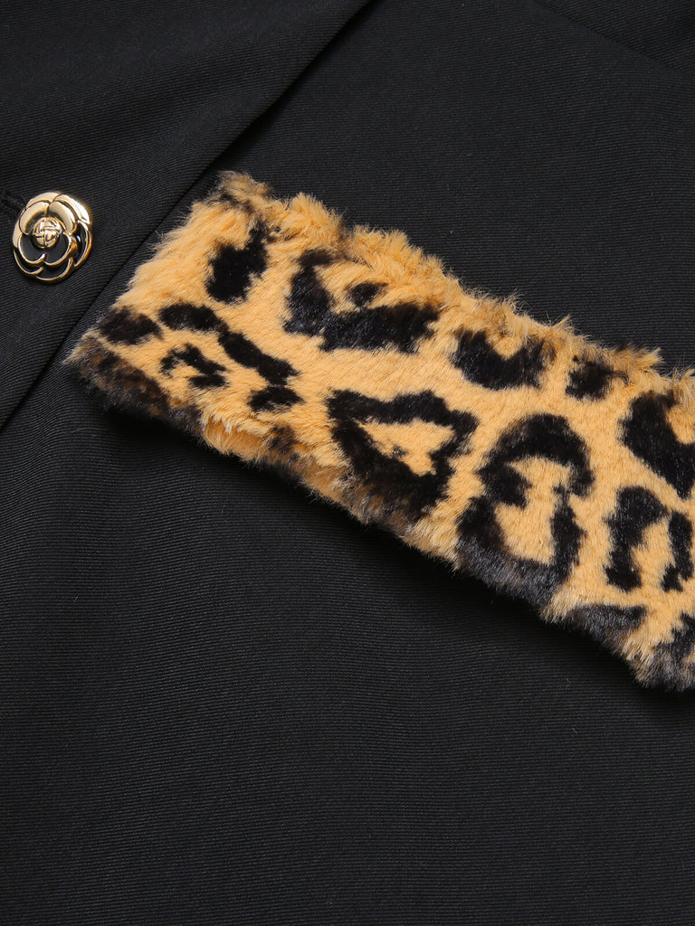 Black 1950s Leopard Lapel Pocket Coat