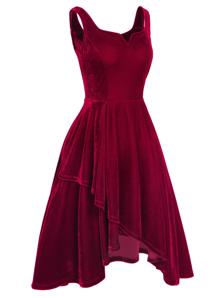 Red 1950s Sweetheart Collar Velvet Strap Dress