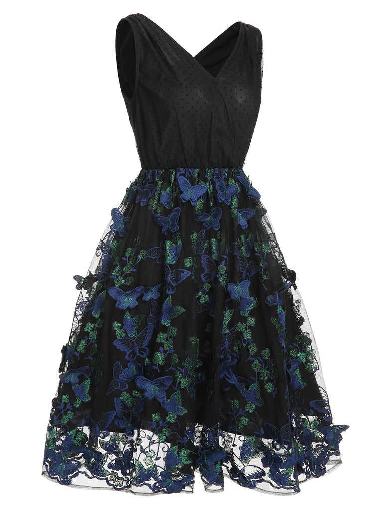 Black 1950s V-Neck 3D Butterfly Mesh Dress