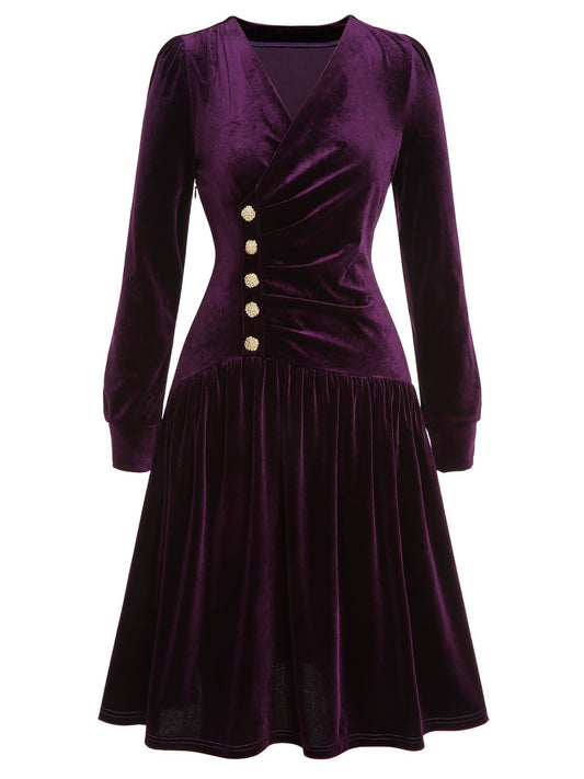 Purple 1940s Solid Velvet Buttons Dress