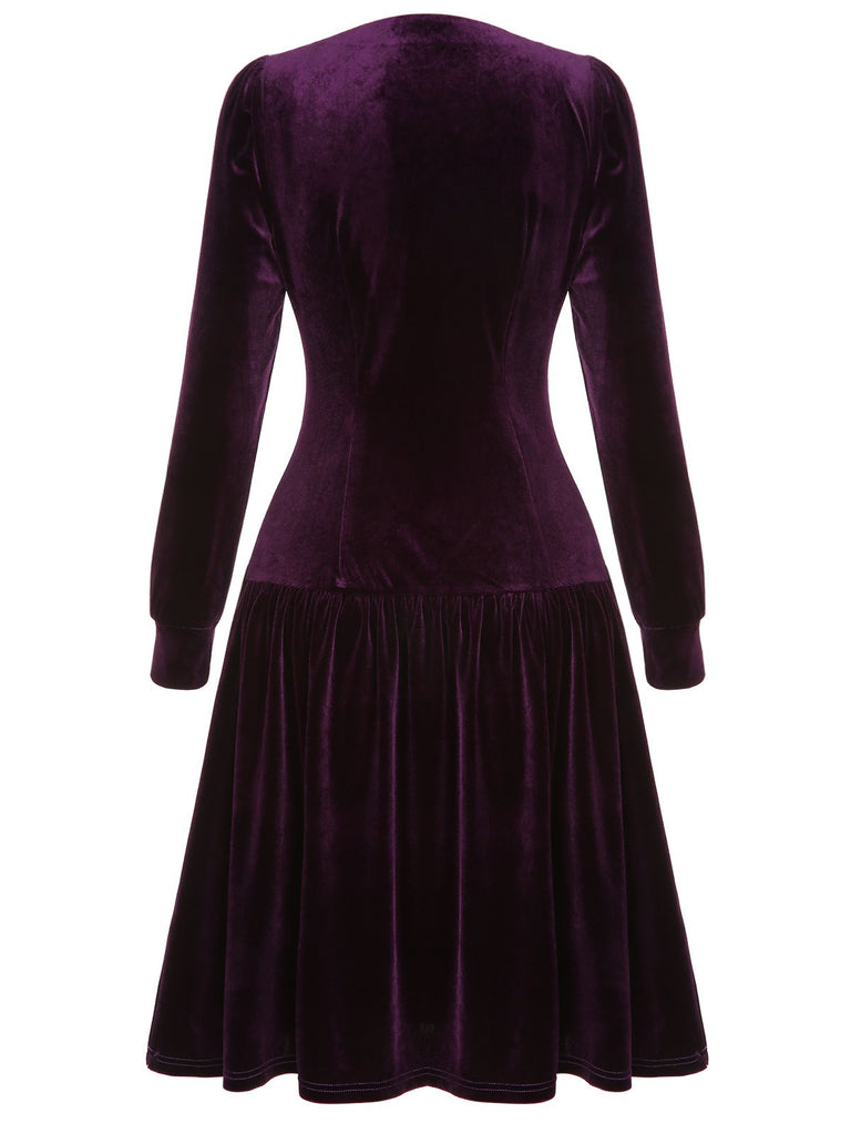 Purple 1940s Solid Velvet Buttons Dress