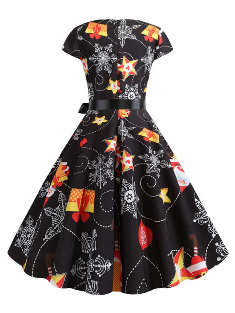 1950s Christmas Print Bow Patchwork Dress