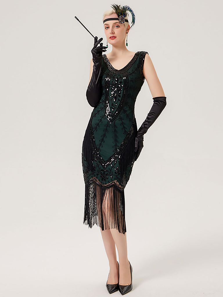 1920s Sequined Fringed Sleeveless Dress