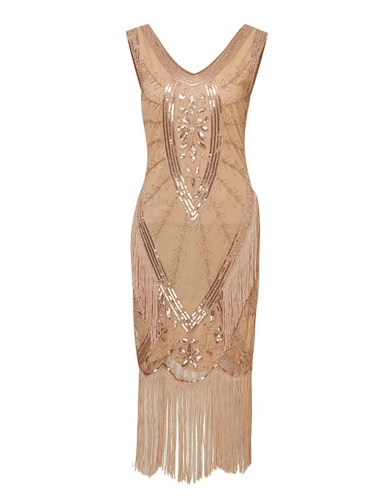 1920s Sequined Fringed Sleeveless Dress
