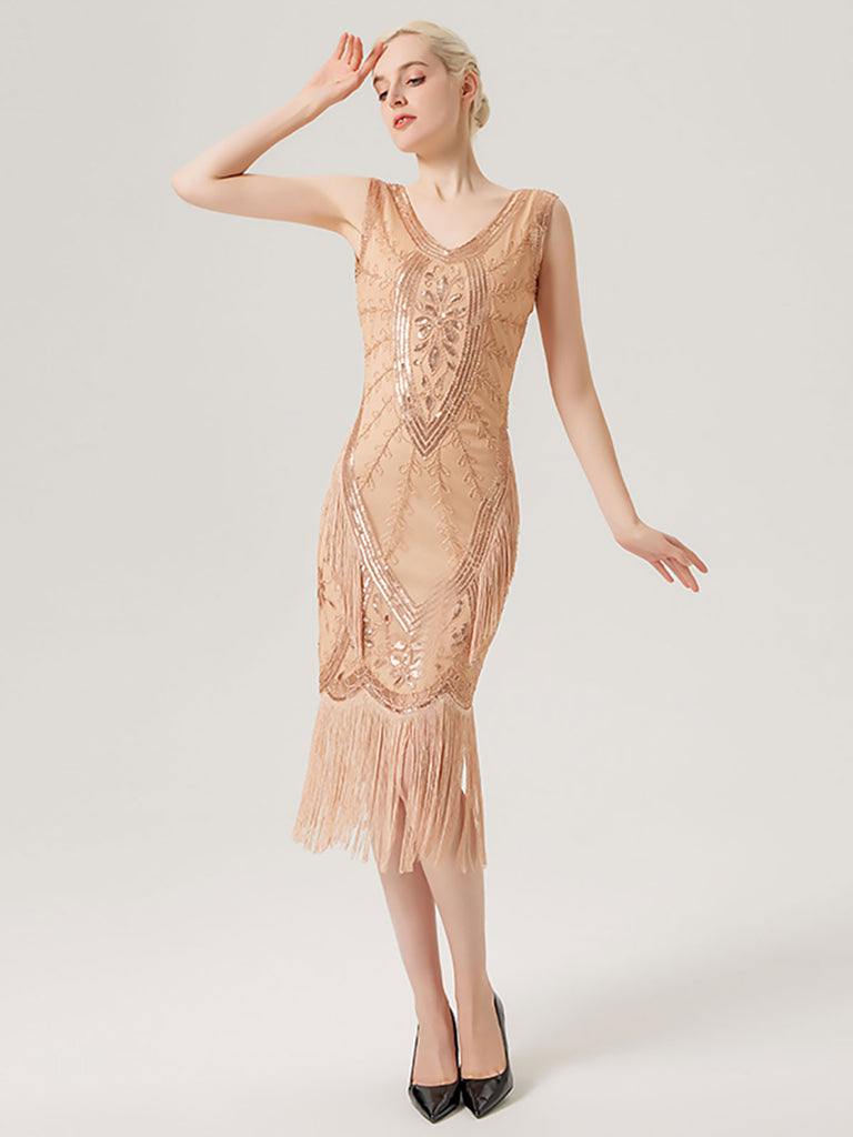 1920s Sequined Fringed Sleeveless Dress