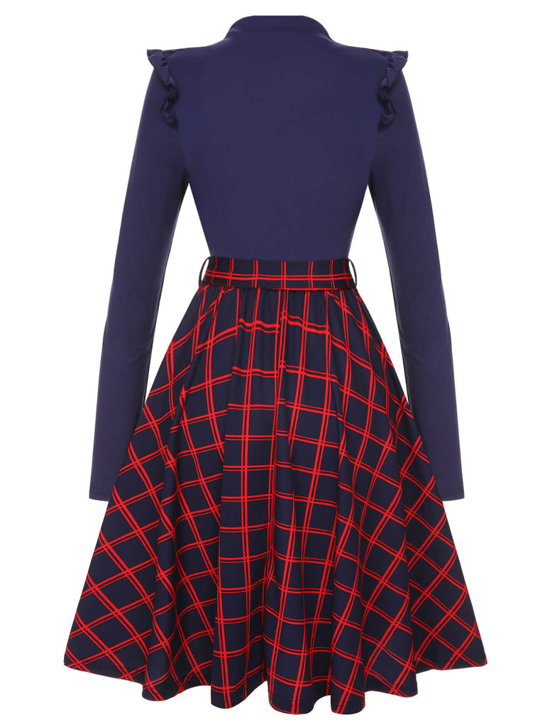 Blue 1950s Long Sleeve Plaid Dress