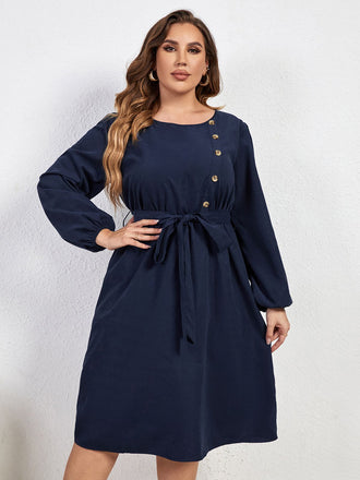 [Plus Size] Blue 1950s High-Waist Lantern Sleeve Belted Dress