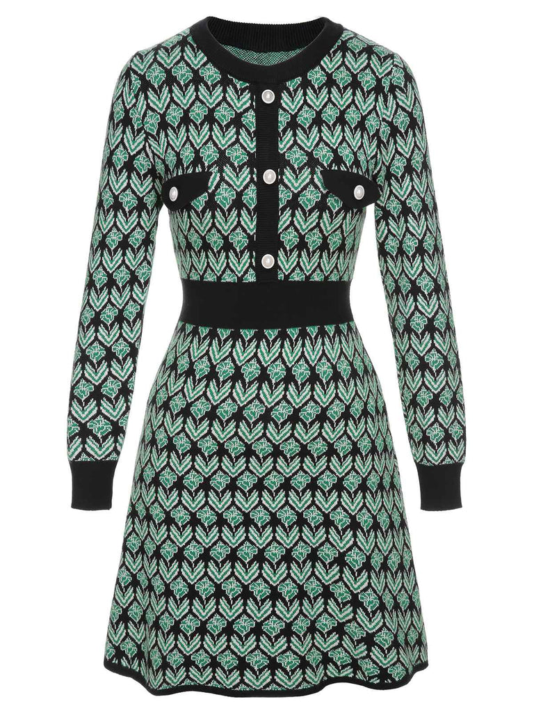 Green 1940s Knitted Floral A-Line Dress