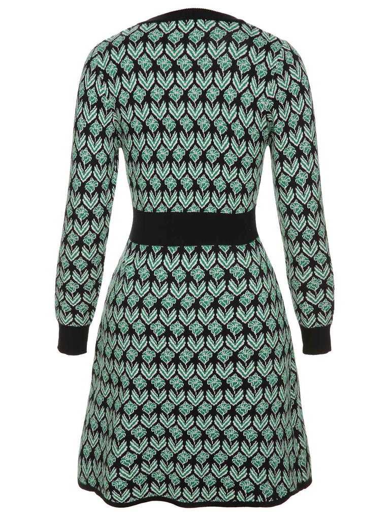 Green 1940s Knitted Floral A-Line Dress