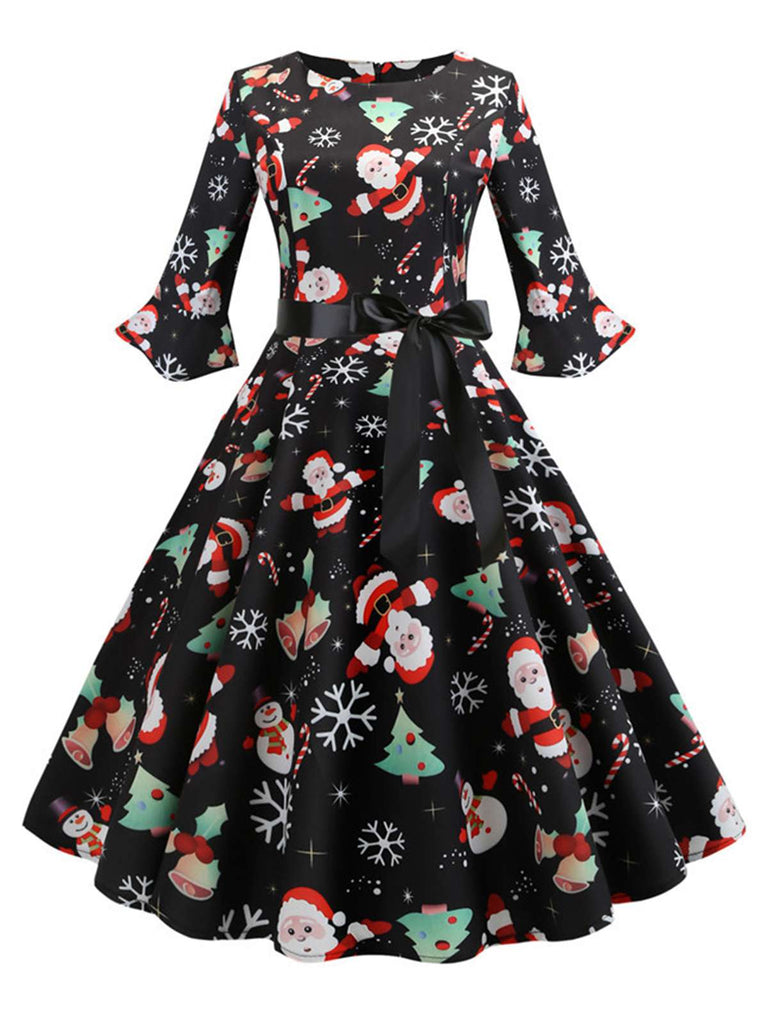 1950s Christmas Flare Sleeve Belted Dress