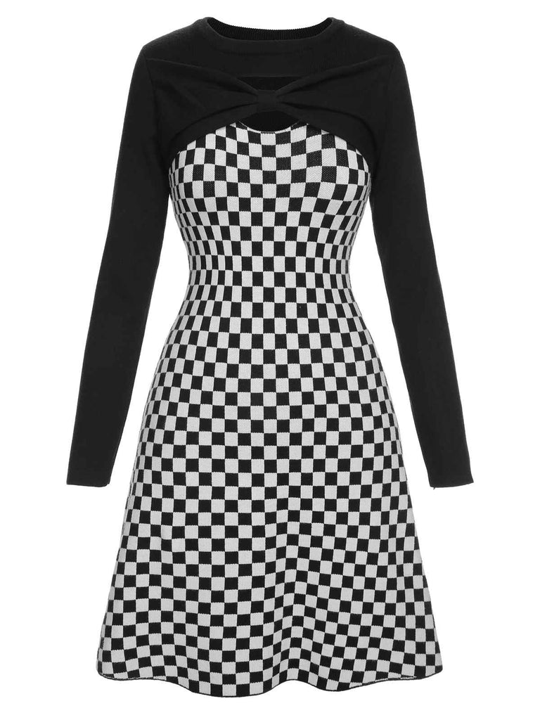 Black 1940s Contrast Plaid Patchwork Dress