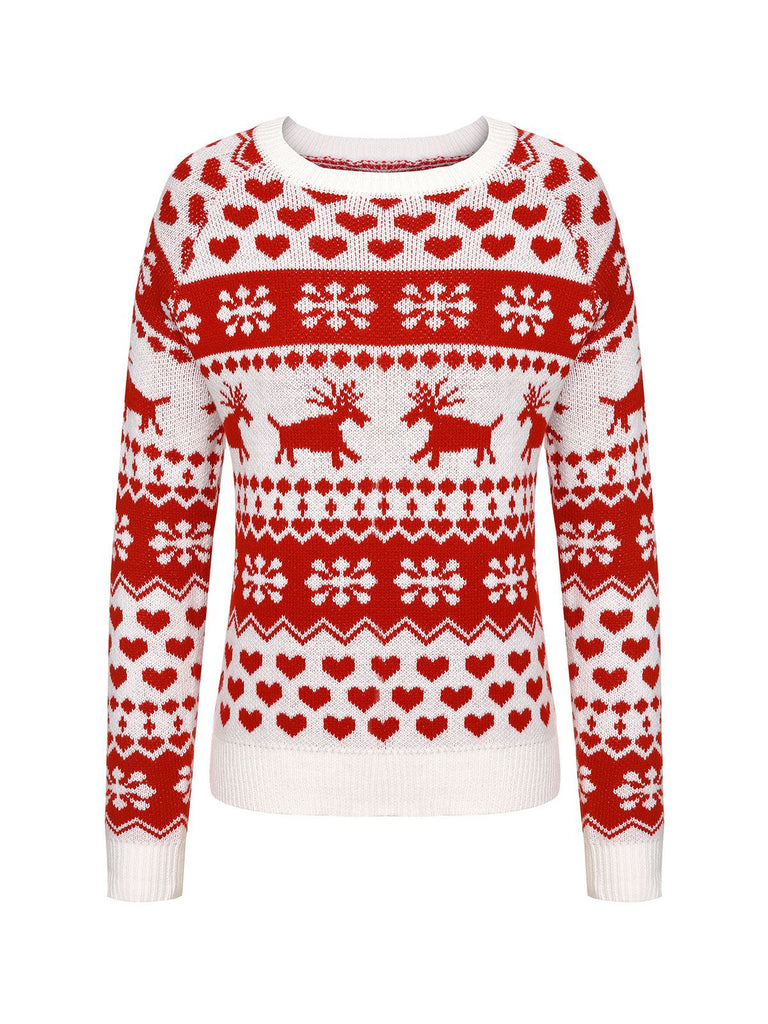 Red&White 1940s Christmas Elk Pullover Sweater