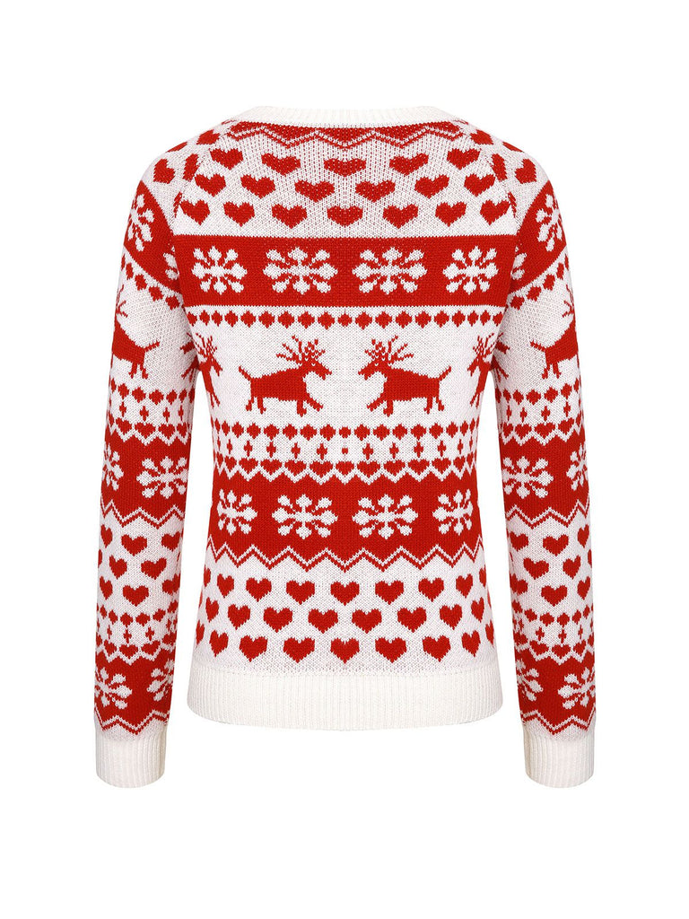 Red&White 1940s Christmas Elk Pullover Sweater