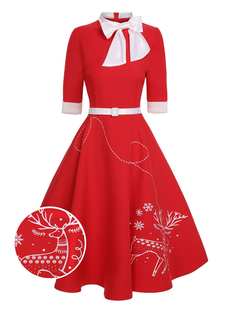 Red 1950s Elk Bow Patchwork Belt Dress