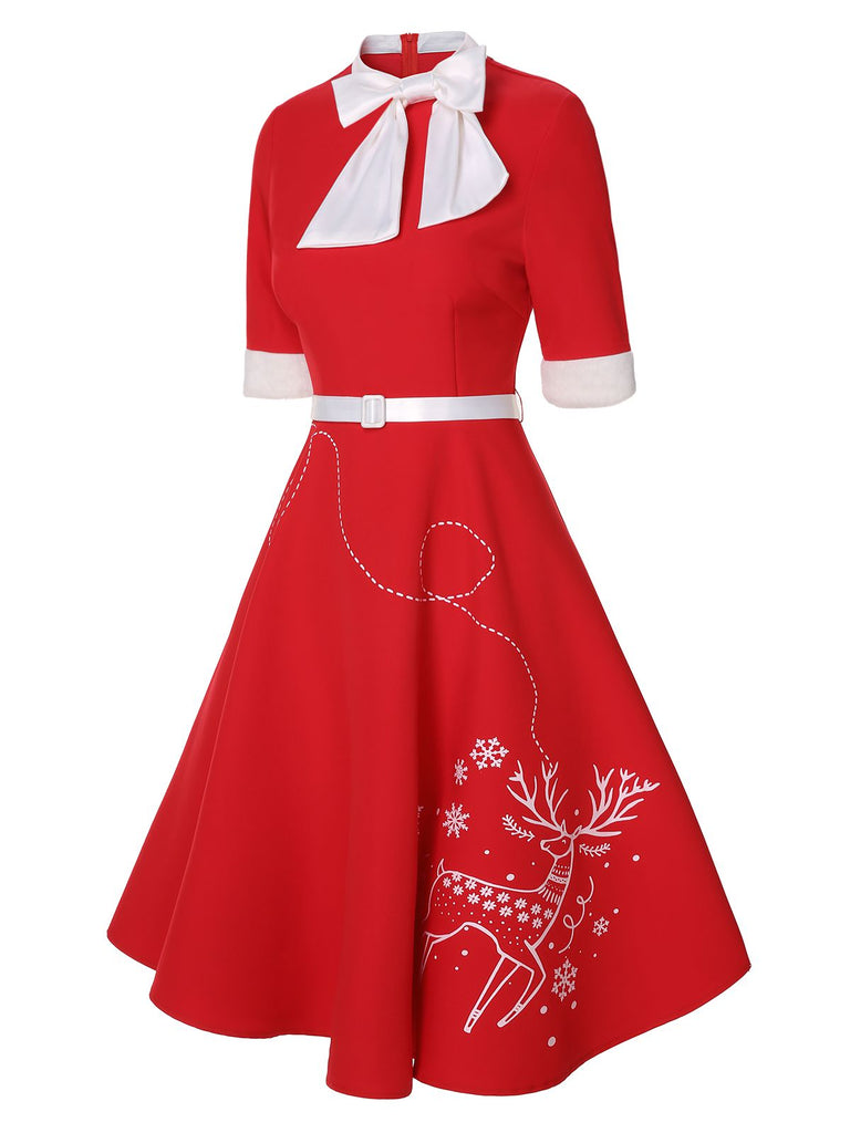 Red 1950s Elk Bow Patchwork Belt Dress