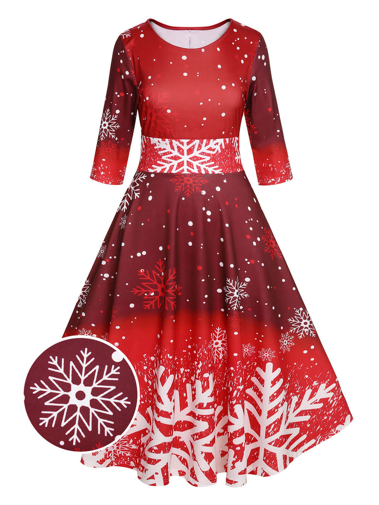 Wine Red 1950s Christmas Snowflake Patchwork Dress