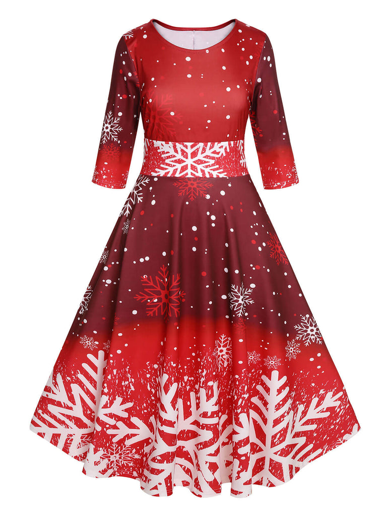 Wine Red 1950s Christmas Snowflake Patchwork Dress