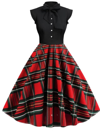 1950s Christmas Bow Tie Plaid Patchwork Dress