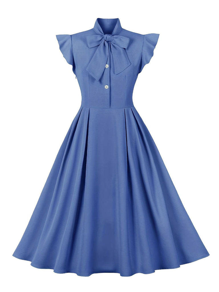 1950s Solid Ruffle Sleeve Bow Neck Dress