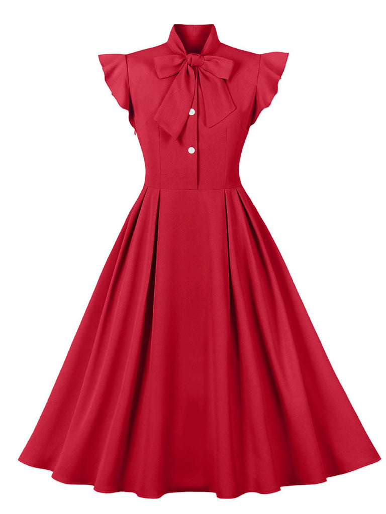 1950s Solid Ruffle Sleeve Bow Neck Dress