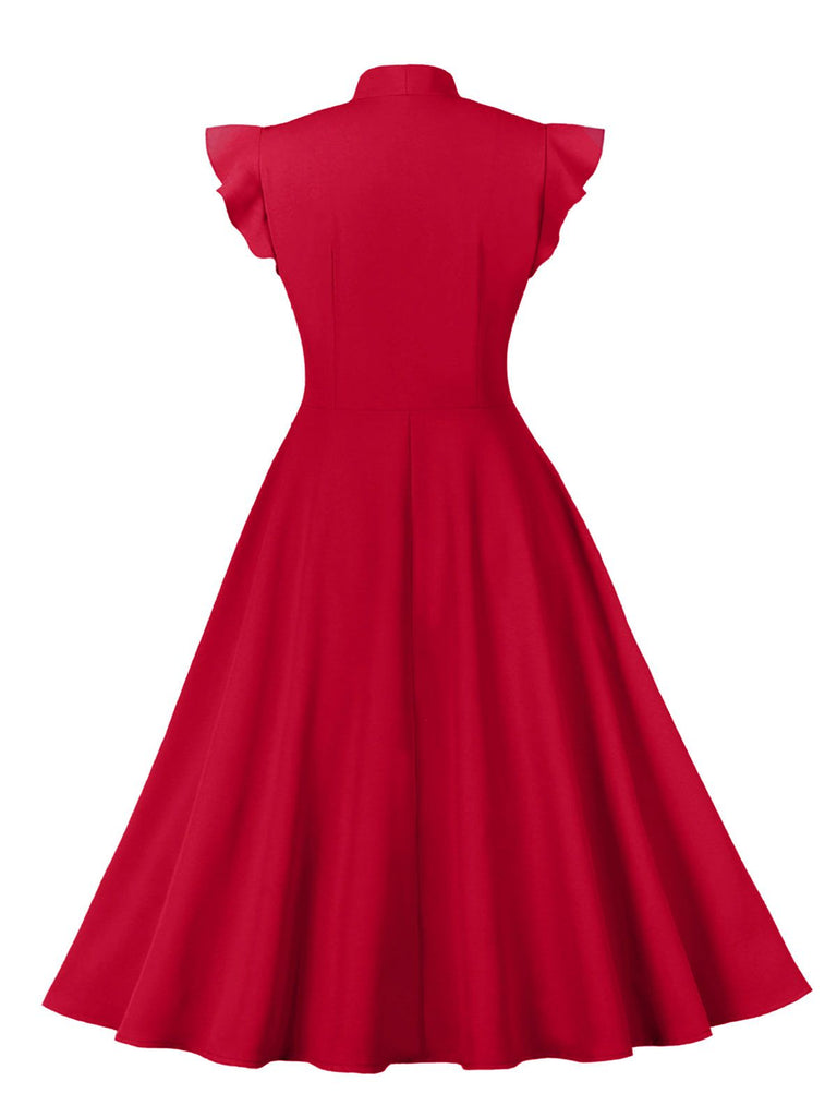 1950s Solid Ruffle Sleeve Bow Neck Dress