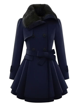 Christmas Fur Collar Waisted Woolen Coat