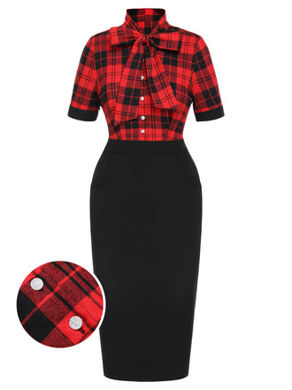 Red & Black 1960s Plaid Bow Collar Pencil Dress