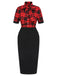 Red & Black 1960s Plaid Bow Collar Pencil Dress