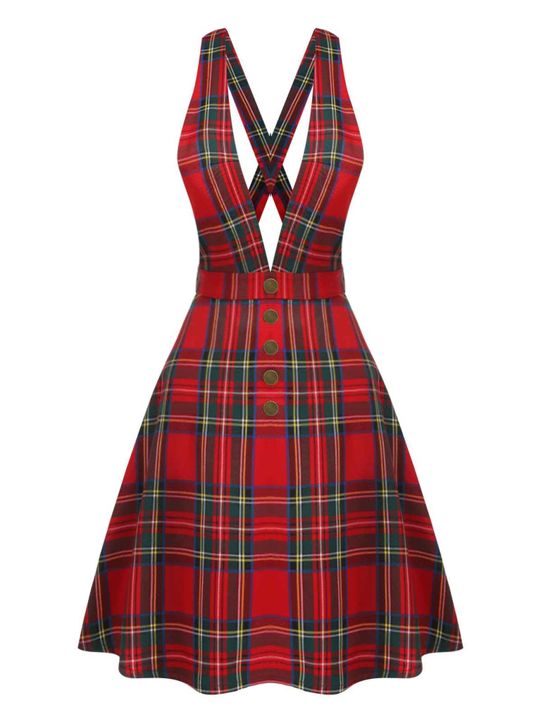 Red 1950s Plaids Buttoned Strap Dress