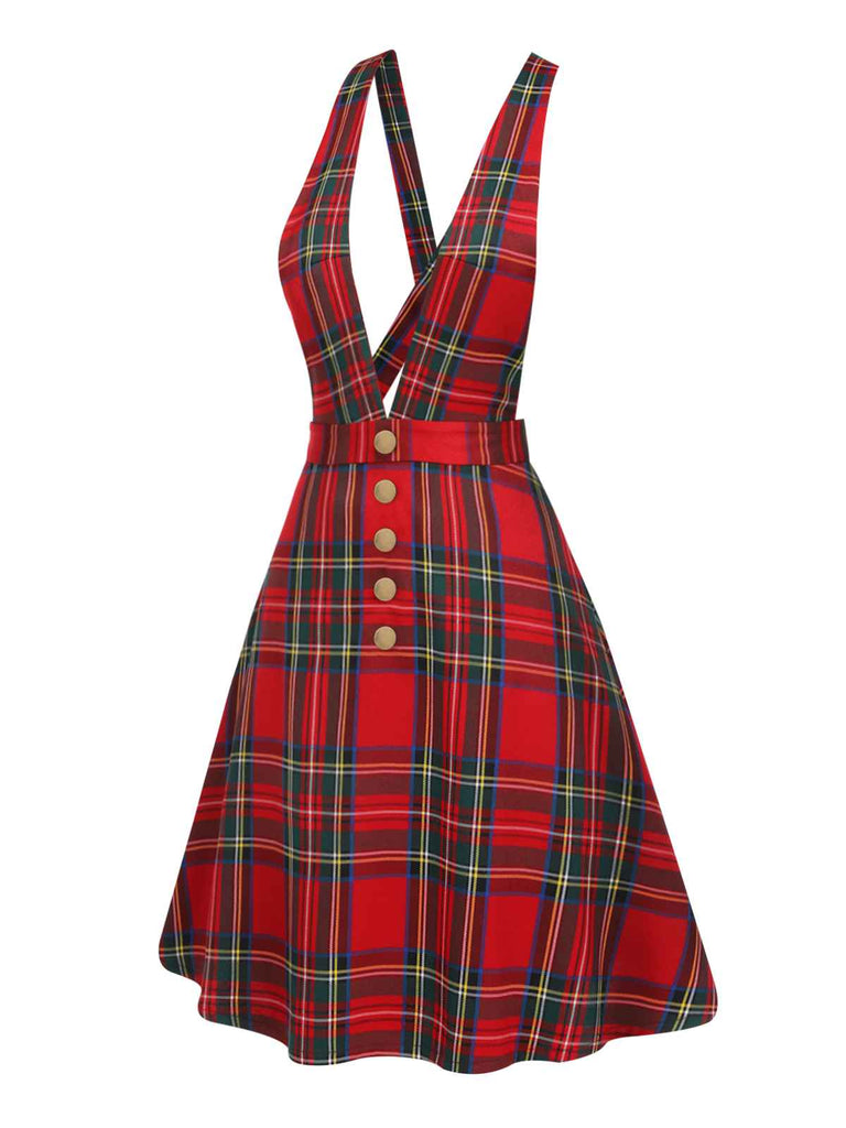 Red 1950s Plaids Buttoned Strap Dress