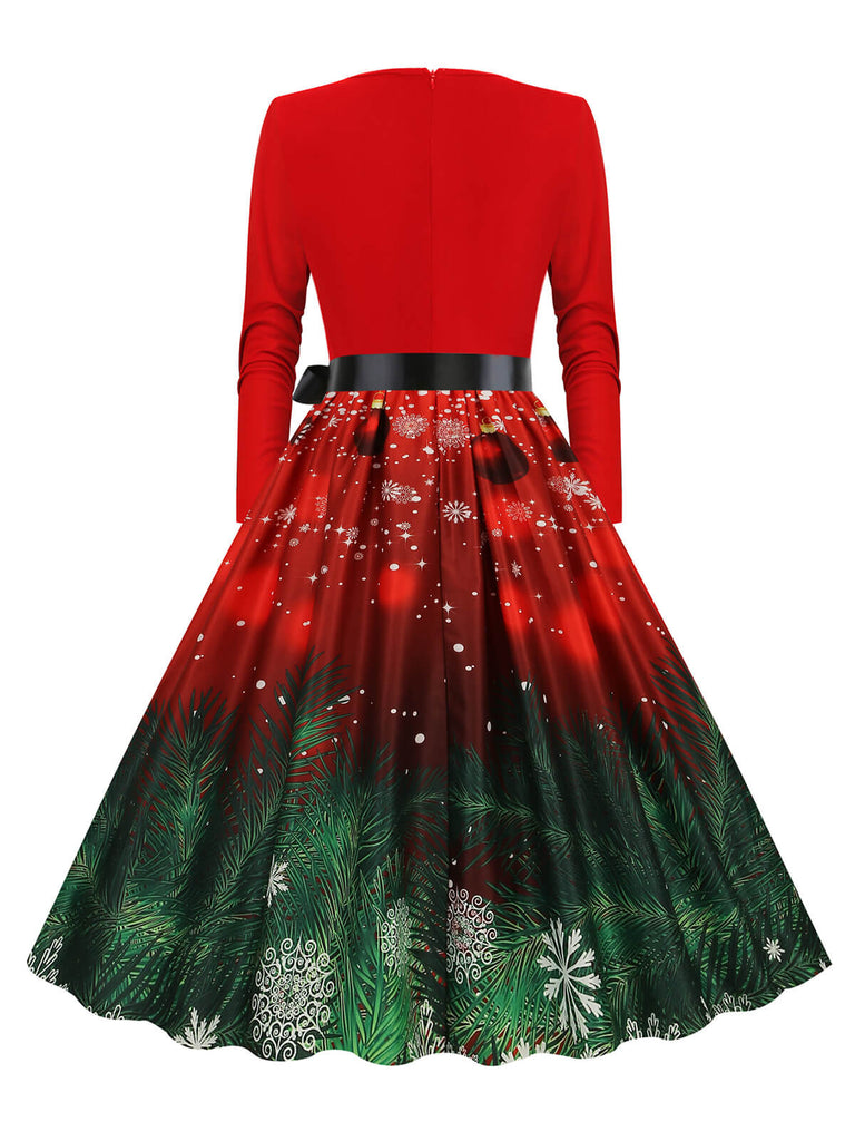 Christmas 1950s V-Neck Long Sleeve Patchwork Dress