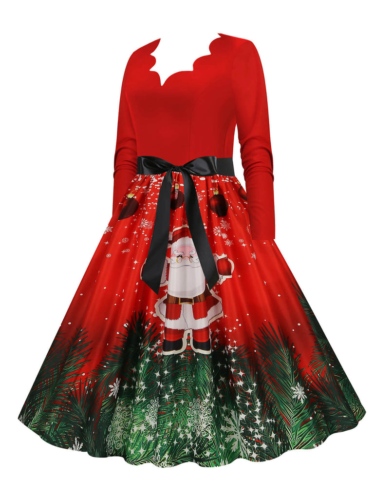 Christmas 1950s V-Neck Long Sleeve Patchwork Dress