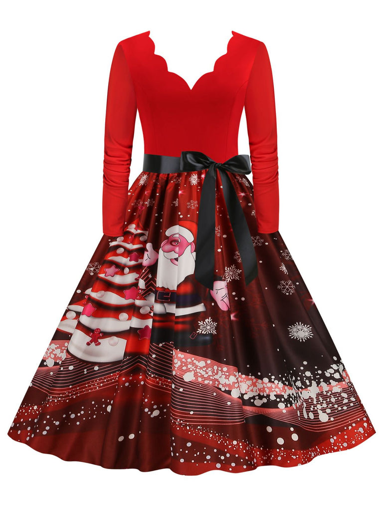 Christmas 1950s V-Neck Long Sleeve Patchwork Dress