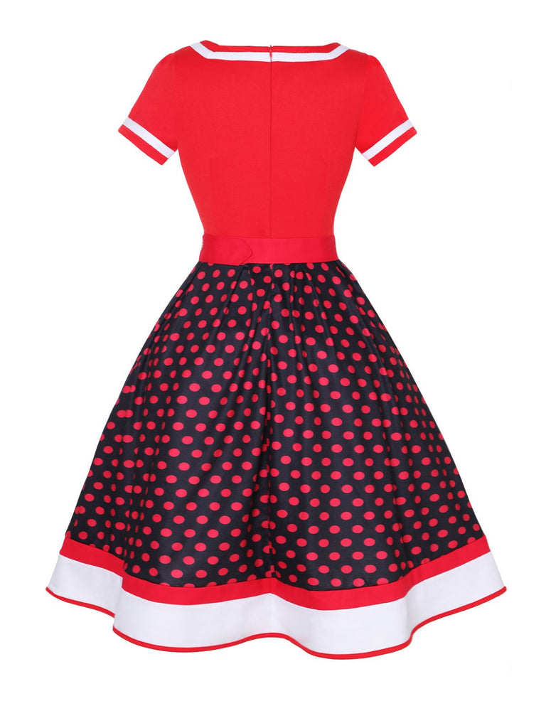 Multicolor 1950s Polka Dots Patchwork Belted Dress