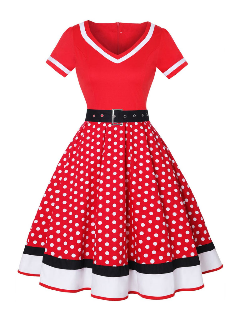 Multicolor 1950s Polka Dots Patchwork Belted Dress