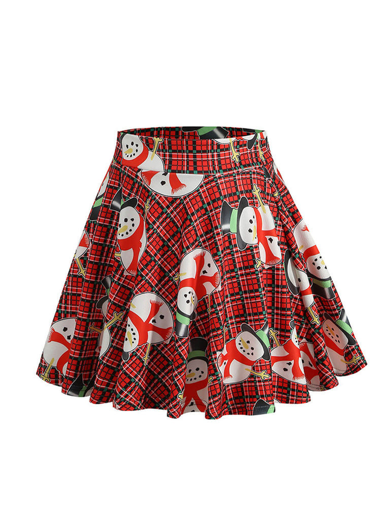 1950s Christmas Snowman Plaid Swing Skirt