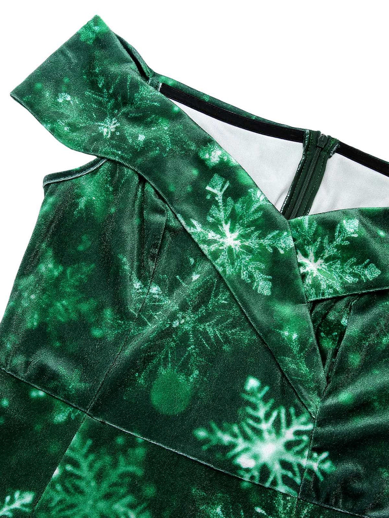 Green 1960s Christmas Snowflake Off-Shoulder Dress