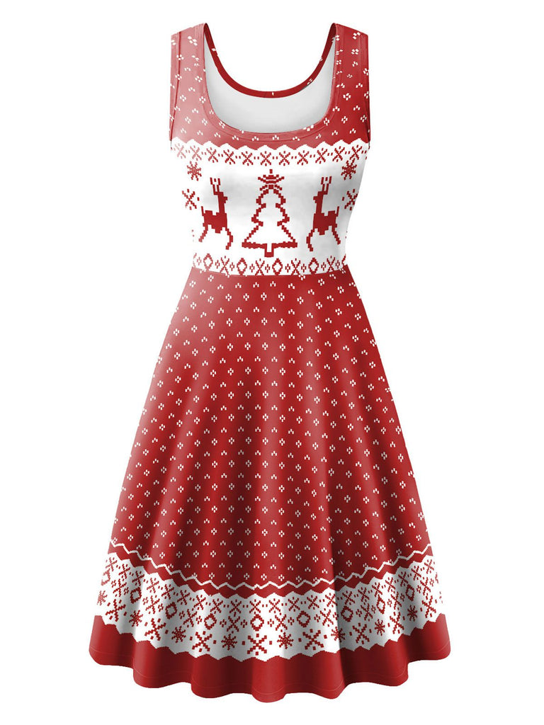 1950s Christmas Print Knitted Sleeveless Dress