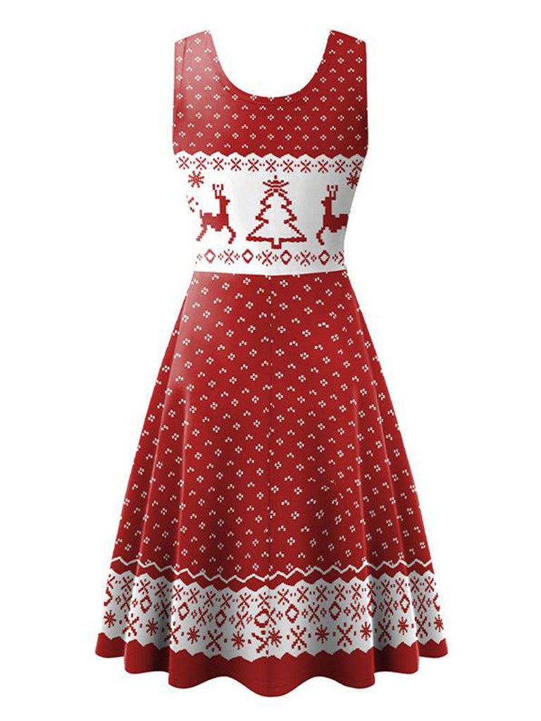 1950s Christmas Print Knitted Sleeveless Dress