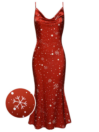 Red 1930s Christmas Strap Snowflake Mermaid Dress