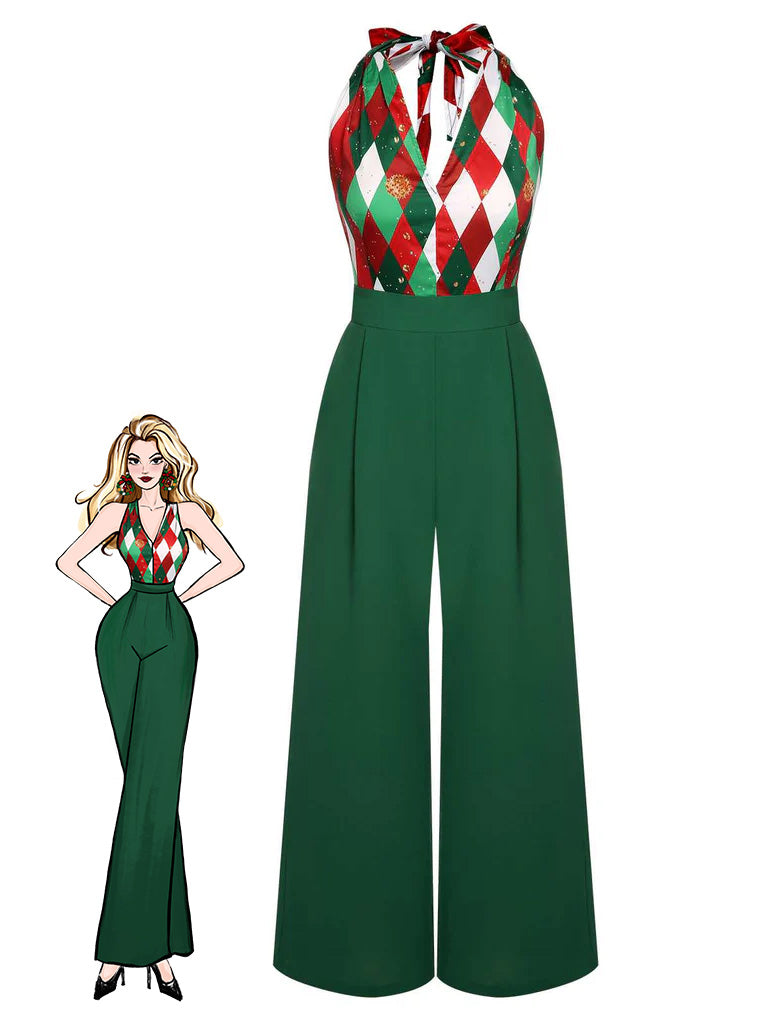 Green 1930s Christmas Plaid Lace Patchwork Jumpsuit