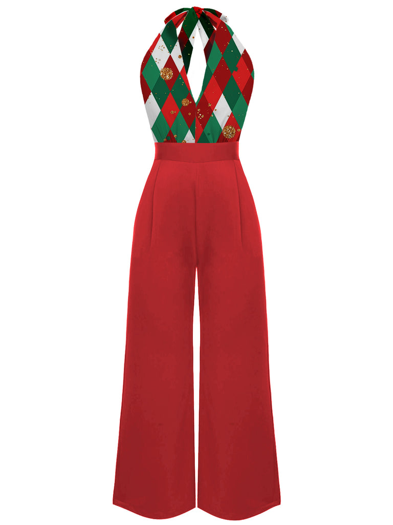 [Pre-Sale] Red 1930s Christmas Plaid Lace Patchwork Jumpsuit