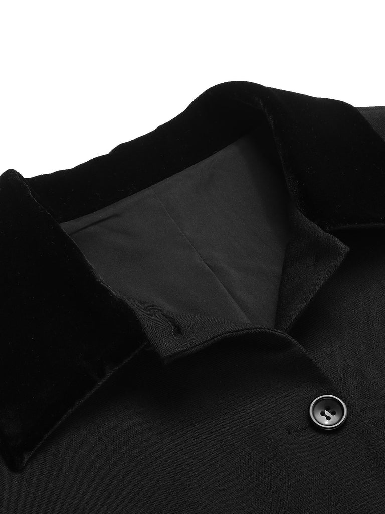 Black 1940s Solid Button Down Collar Lapel Coat