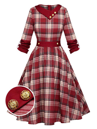 Red 1950s Roll Up Scottish Plaid Dress