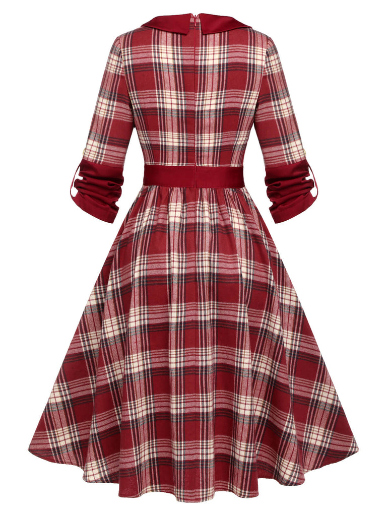 Red 1950s Roll Up Scottish Plaid Dress
