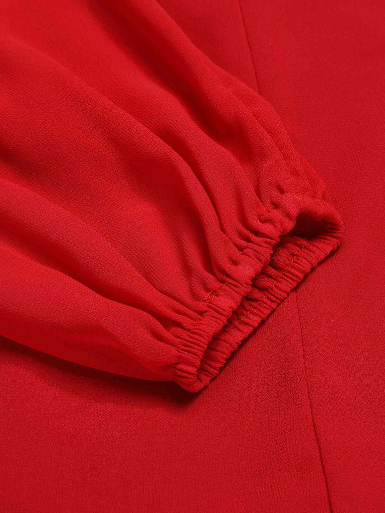 Red 1960s Solid Chiffon Surplice V-Neck Dress