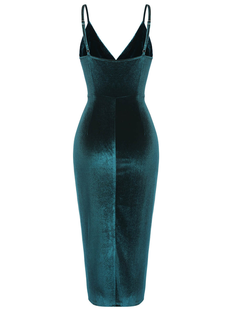 1960s Solid Velvet V-Neck Strap Dress