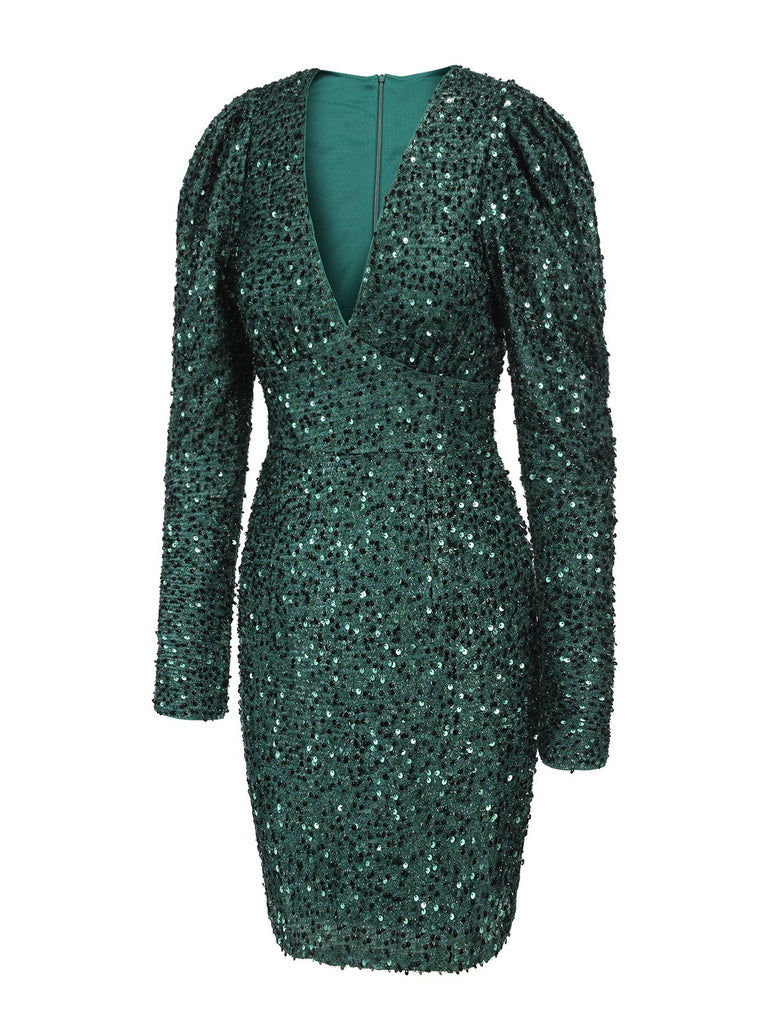 Green 1960s Christmas Sequin V-Neck Pencil Dress